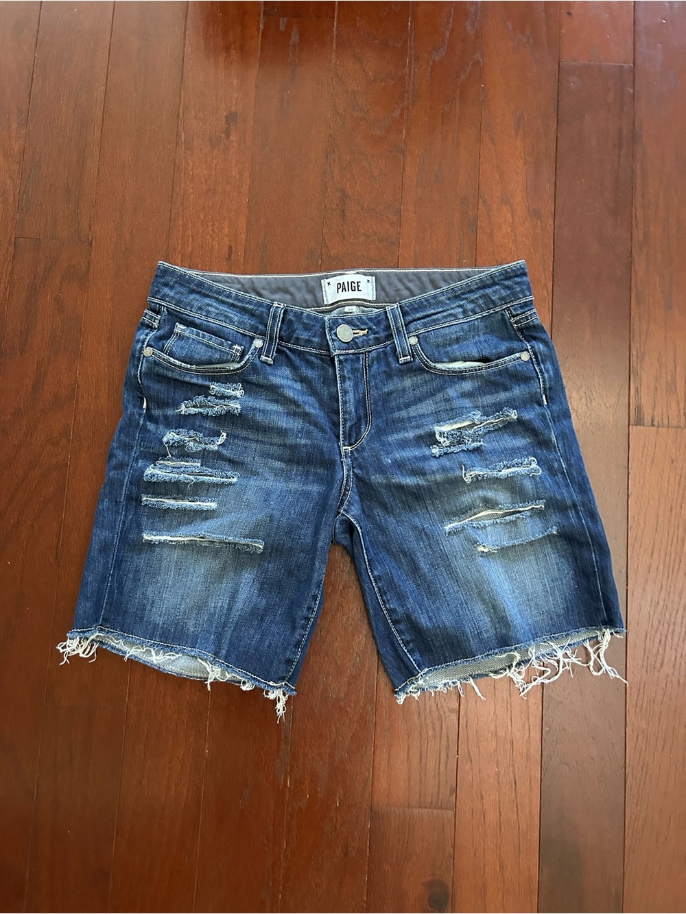 PAIGE Jimmy Jimmy Distressed Cutoff Denim Shorts Blue Raw Hem Size 23 excellent